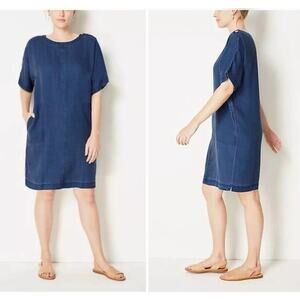PureJill Indigo Shift Dress SP Denim Chambray Short Sleeve Fall Lagenlook Boxy